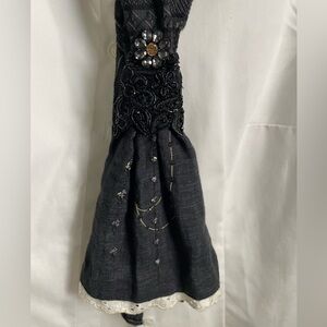 Black Embellished Neck scarf, handmade w/embroidery, linen, versatile
